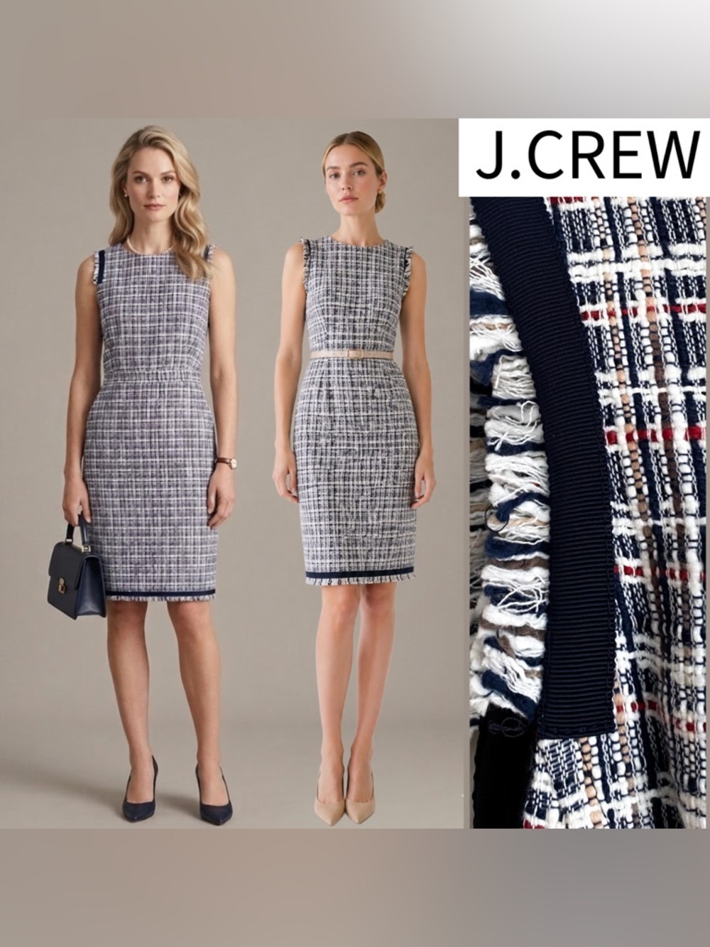 J.Crew Navy Red Fringe Tweed Sheath Dress Formal Preppy Old Money Sleeveless 10